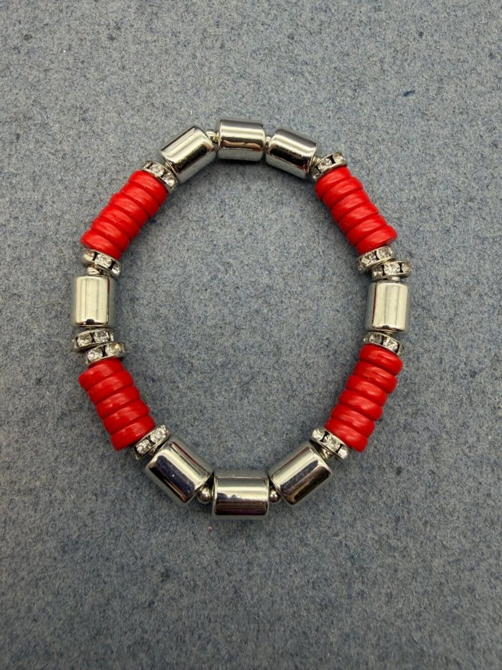 Chunky Beaded Stretch Bracelet 7 In Red Silver Sparkle Rhinestone Casual Chic